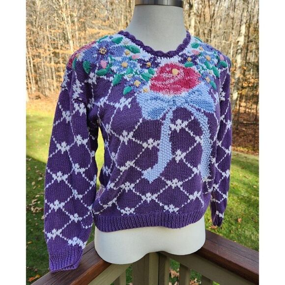 Sweaters - Signatures By Northern Isles Sweater 1990s Floral Bow Hand Knit Cotton Medium